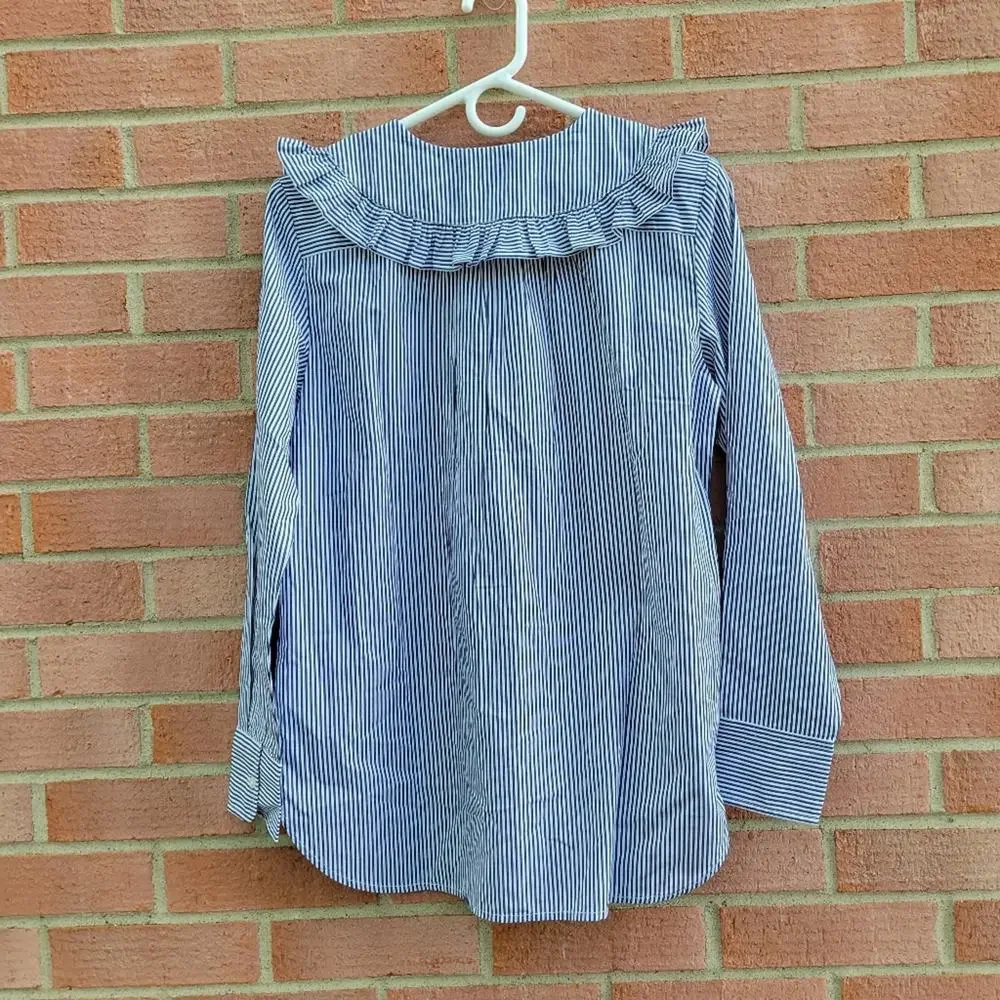 J. Crew Blue and White Striped Button-Down Top with Peter Pan Collar - Picture 2 of 7